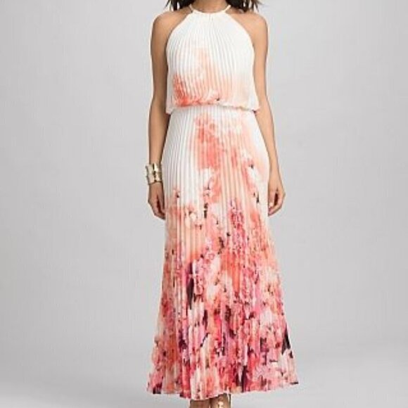 Dress Barn SZ 8 Halter style pleated maxi dress Ivory & Pinks Watercolor Artsy - Picture 1 of 14